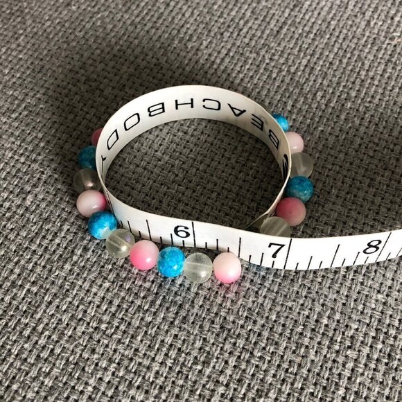 Handmade Glass Bracelets Round Flower Beads Blue Clear Pink Brown, 5.75 to 6.5'' - Picture 13 of 16